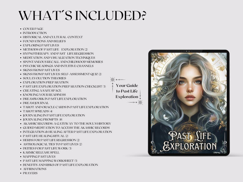 May include: A digital tablet displays a portrait of a woman with silver hair, promoting "Past Life Exploration." The image includes a list of topics such as meditation, dreamwork, and Akashic records. Text on the tablet reads "Your Guide to Past Life Exploration."