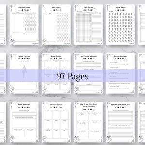 Op de afbeelding: Een set van 97 printbare pagina's met zwart-wit illustraties en tekst. De pagina's bevatten trackers voor slaap, water, stemming en zelfzorg. Er zijn ook pagina's voor projectplanning, boosheidmanagement en het stellen van grenzen.
