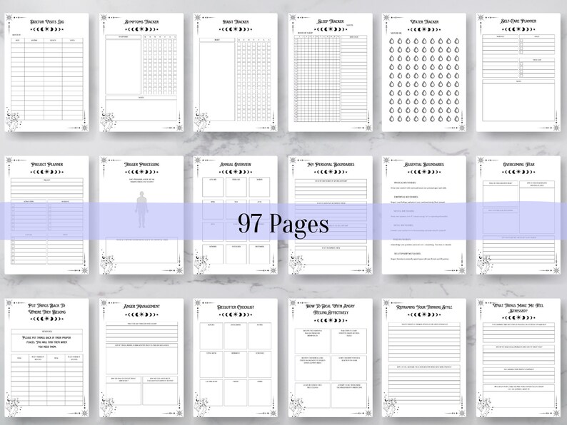 Op de afbeelding: Een set van 97 printbare pagina's met zwart-wit illustraties en tekst. De pagina's bevatten trackers voor slaap, water, stemming en zelfzorg. Er zijn ook pagina's voor projectplanning, boosheidmanagement en het stellen van grenzen.