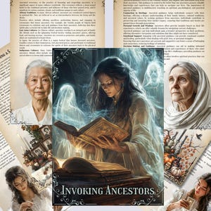 Op de afbeelding: Een collage van afbeeldingen die de praktijk van het aanroepen van voorouders weergeven. De afbeeldingen omvatten een vrouw die een boek leest, een vrouw met een sluier en een vrouw met een witte sjaal. De tekst "Invoking Ancestors" is te zien in het midden van de collage.