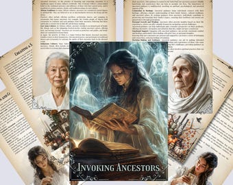 Puede incluir: Un collage de imágenes que representan la práctica de invocar a los ancestros. Las imágenes incluyen a una mujer leyendo un libro, una mujer con velo y una mujer con una bufanda blanca. El texto "Invoking Ancestors" aparece en el centro del collage.