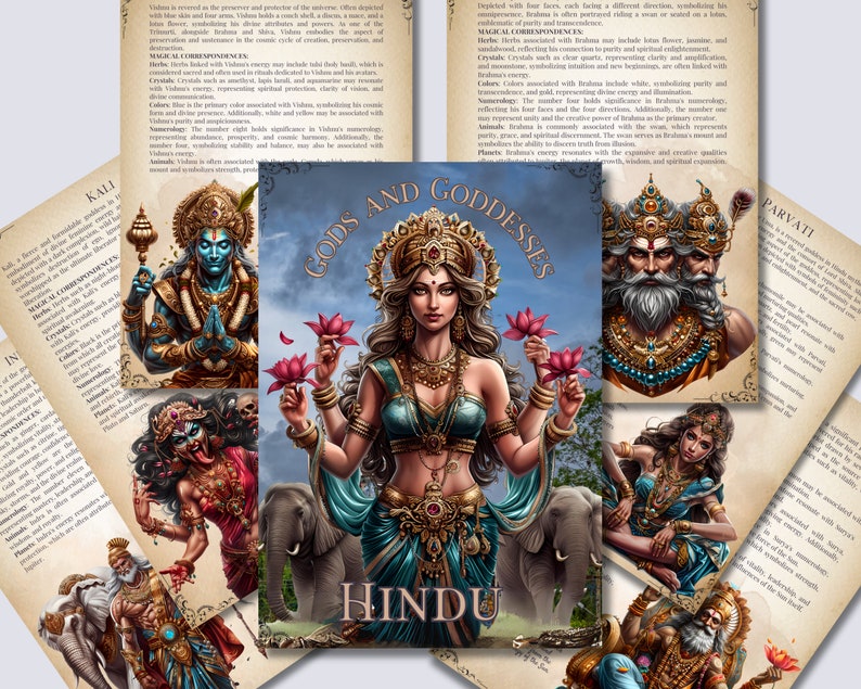 May include: A collage of colorful illustrations depicting Hindu gods and goddesses. The central image features a four-armed goddess with a blue and gold sari, sitting on two elephants. The text "Gods and Goddesses Hindu" is written in a decorative font.