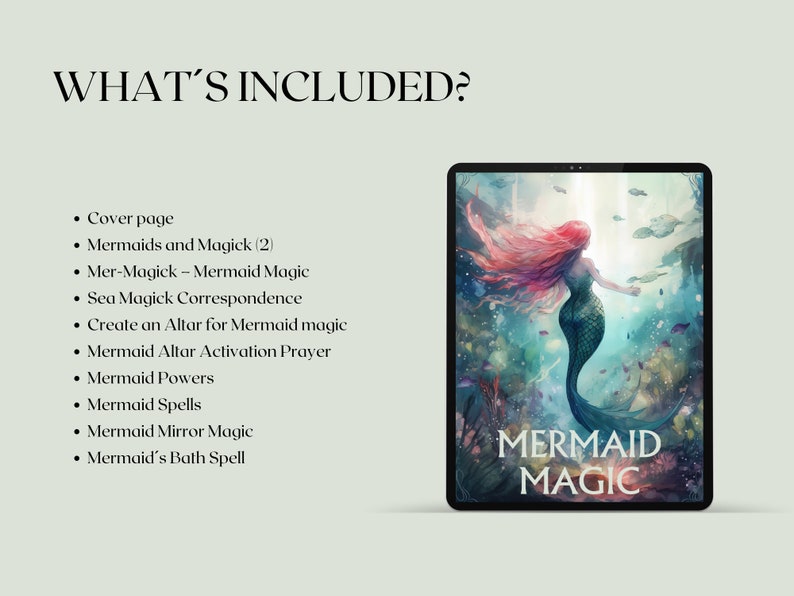 May include: A digital illustration of a mermaid with long red hair and a green tail swimming in the ocean. The text "Mermaid Magic" is written in white letters on a blue background.
