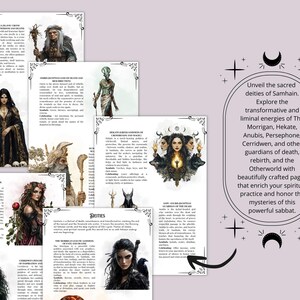 May include: A collection of illustrated pages with text and images of deities, including The Morrigan, Hekate, and Anubis. The pages are arranged on a light purple background, with decorative borders and text that reads "Unveil the sacred deities of Samhain."