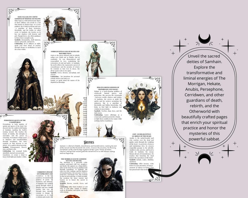 May include: A collection of illustrated pages with text and images of deities, including The Morrigan, Hekate, and Anubis. The pages are arranged on a light purple background, with decorative borders and text that reads "Unveil the sacred deities of Samhain."