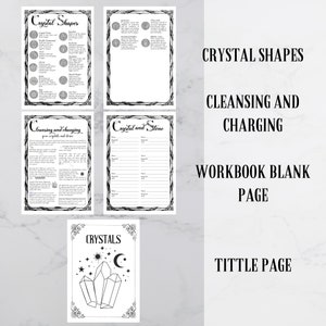 May include: Printable workbook pages for crystal healing and cleansing. The pages include a title page with a black and white illustration of three crystals, a page for listing crystals and their properties, a page for cleansing and charging crystals, and a blank page for notes.