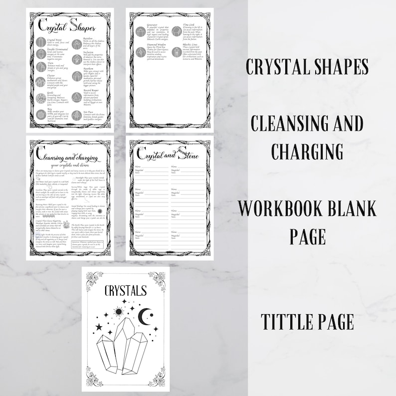 May include: Printable workbook pages for crystal healing and cleansing. The pages include a title page with a black and white illustration of three crystals, a page for listing crystals and their properties, a page for cleansing and charging crystals, and a blank page for notes.