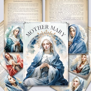Puede incluir: Un collage de imágenes que representan a la Virgen María, una figura central en la fe cristiana. Las imágenes la muestran en varias poses, con una gama de colores azul y blanco, y un halo sobre su cabeza. El texto "MOTHER MARY" se muestra de forma prominente en el centro del collage.
