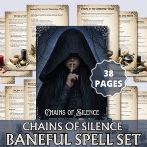 May include: A collection of fantasy spell pages with a central image of a person in a black hooded cloak, finger to their lips. The set includes 38 pages with text and illustrations, titled "Chains of Silence: Baneful Spell Set."