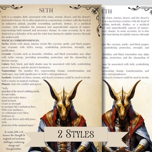 May include: A digital illustration of the Egyptian god Seth, depicted as a creature with the head of an aardvark. The illustration is set against a background of parchment paper with text describing Seth's attributes and powers. The text includes information about Seth's association with chaos, storms, and the desert, as well as his magical correspondences, including herbs, crystals, colors, numerology, symbols, and planets.