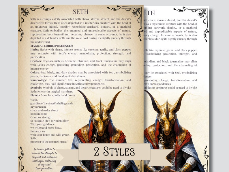 May include: A digital illustration of the Egyptian god Seth, depicted as a creature with the head of an aardvark. The illustration is set against a background of parchment paper with text describing Seth's attributes and powers. The text includes information about Seth's association with chaos, storms, and the desert, as well as his magical correspondences, including herbs, crystals, colors, numerology, symbols, and planets.