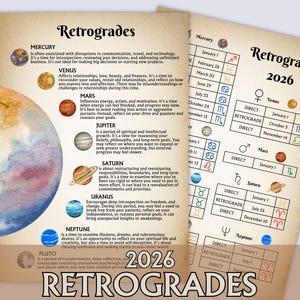 May include: Two astrology charts titled "Retrogrades 2026" with planetary symbols and dates. One chart details Mercury, Venus, Mars, Jupiter, Saturn, Uranus, Neptune, and Pluto. The other chart lists direct and retrograde dates.
