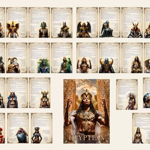 May include: A set of 24 cards featuring illustrations of Egyptian gods and goddesses. Each card includes a description of the deity's role and attributes. The cards are printed on a parchment-like background with a gold border.