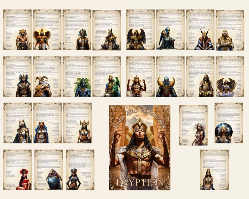 May include: A set of 24 cards featuring illustrations of Egyptian gods and goddesses. Each card includes a description of the deity's role and attributes. The cards are printed on a parchment-like background with a gold border.