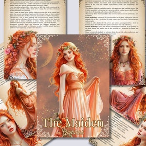 Puede incluir: Impresiones artísticas que muestran ilustraciones de una mujer con largo cabello rojo, adornada con coronas de flores y vestidos fluidos. La imagen central muestra el texto "The Maiden Goddess."