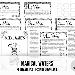 May include: Printable PDF guide to making magical waters, featuring illustrations of bottles and jars with various ingredients. The guide includes instructions for making Rose Water, Holy Water, Sun Water, Storm Water, Snow Water, and Moon Water. The title "Magical Waters" is printed in bold black letters at the bottom of the page.
