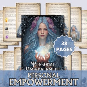 Puede incluir: Una impresión de arte digital que presenta a una mujer con largo cabello azul sosteniendo un orbe brillante. La imagen está rodeada de páginas con texto e ilustraciones, con las palabras "Personal Empowerment" en un lugar destacado. La imagen está etiquetada como "38 Páginas".