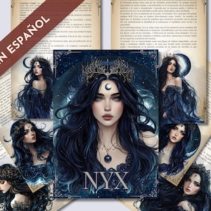 Könnte beinhalten: Eine Sammlung von Kunstdrucken, die eine Frau mit langen schwarzen Haaren, einer Krone und einem Halbmond auf der Stirn zeigen. Die Drucke haben ein himmlisches Thema, mit dem Wort "NYX" prominent dargestellt. Die Drucke sind von spanischen Textseiten umgeben.