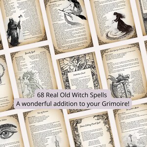 Op de afbeelding: Een verzameling van 68 afdrukbare heksenspreukpagina's met vintage-stijl illustraties en tekst. De pagina's bevatten spreuken voor schoonheid, bescherming en meer. De tekst luidt "68 Real Old Witch Spells A wonderful addition to your Grimoire!"