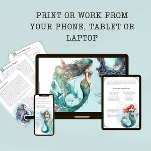 May include: A digital illustration of a mermaid with long flowing green hair and a tail. The image is displayed on a laptop, tablet, and phone. The text "PRINT OR WORK FROM YOUR PHONE, TABLET OR LAPTOP" is displayed at the top of the image.