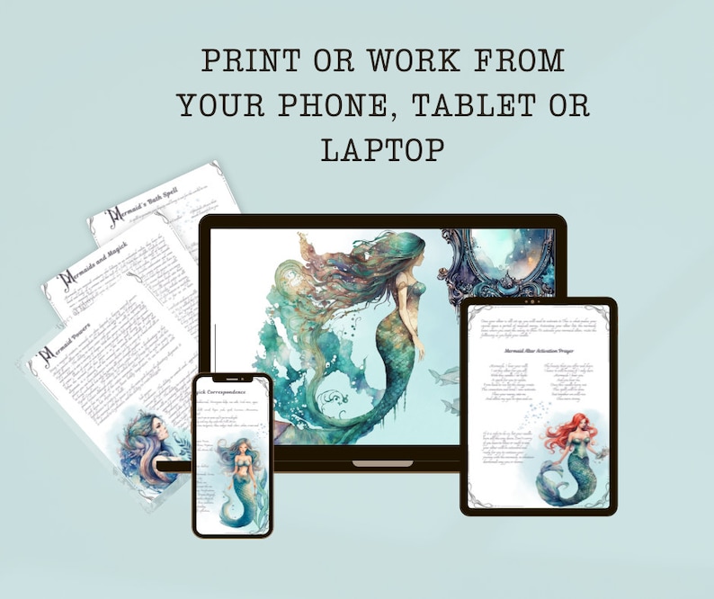 May include: A digital illustration of a mermaid with long flowing green hair and a tail. The image is displayed on a laptop, tablet, and phone. The text "PRINT OR WORK FROM YOUR PHONE, TABLET OR LAPTOP" is displayed at the top of the image.
