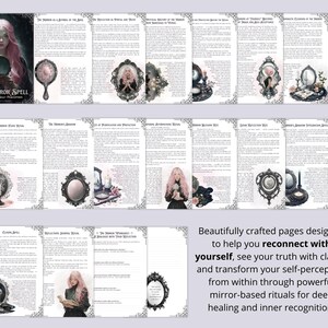 May include: A multi-page booklet titled "The Mirror Spell" with illustrations of mirrors, candles, and a woman with pink hair. The text describes mirror-based rituals for self-perception and healing. The pages are decorated with ornate borders.
