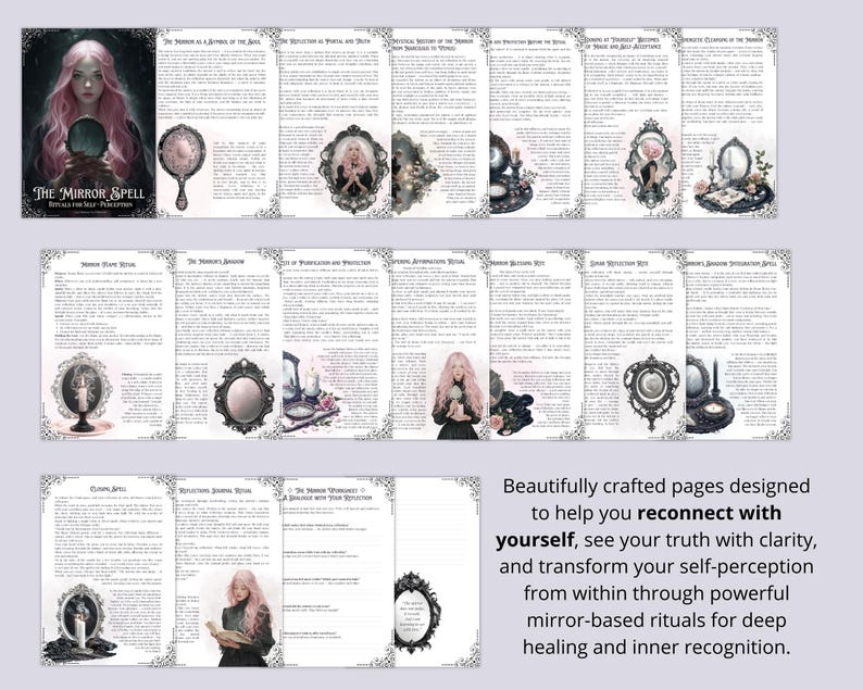 May include: A multi-page booklet titled "The Mirror Spell" with illustrations of mirrors, candles, and a woman with pink hair. The text describes mirror-based rituals for self-perception and healing. The pages are decorated with ornate borders.