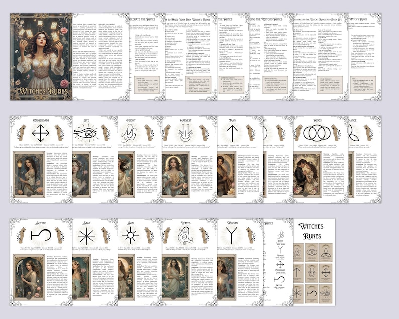 K&ouml;nnte beinhalten: Ein Set mit 13 Karten der Hexenrunen mit Illustrationen von Frauen und Symbolen. Jede Karte enth&auml;lt eine Beschreibung der Bedeutung der Rune. Die Karten sind auf cremefarbenem Hintergrund mit einem dekorativen Rand gedruckt. Der Titel des Sets lautet "Hexenrunen".