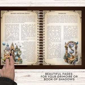 May include: Open grimoire or book of shadows with detailed illustrations and text. The pages are bound with a spiral binding and feature ornate borders. The text includes the phrases "Historical and Cultural Context" and "Introduction". The bottom of the image reads "Beautiful pages for your grimoire or book of shadows."
