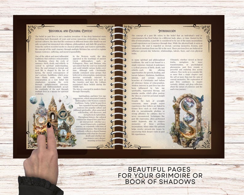 May include: Open grimoire or book of shadows with detailed illustrations and text. The pages are bound with a spiral binding and feature ornate borders. The text includes the phrases "Historical and Cultural Context" and "Introduction". The bottom of the image reads "Beautiful pages for your grimoire or book of shadows."