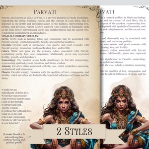 May include: A digital illustration of Parvati, a Hindu goddess, depicted in a vibrant blue and gold outfit. She is sitting with her legs crossed, holding a flower in her hand. The image is surrounded by text describing her attributes and symbolism.