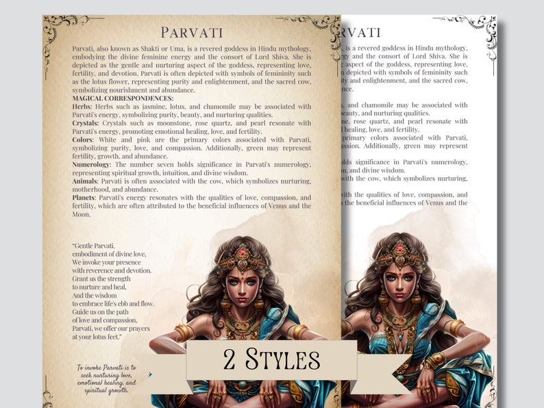 May include: A digital illustration of Parvati, a Hindu goddess, depicted in a vibrant blue and gold outfit. She is sitting with her legs crossed, holding a flower in her hand. The image is surrounded by text describing her attributes and symbolism.