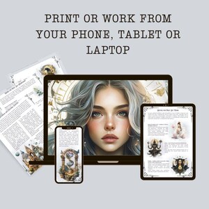 May include: A digital art print displayed on a laptop, tablet, and smartphone, with printed pages to the left. The screens show a portrait of a woman with long silver hair and text that reads "Print or work from your phone, tablet or laptop."
