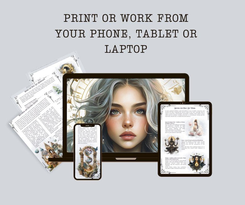 May include: A digital art print displayed on a laptop, tablet, and smartphone, with printed pages to the left. The screens show a portrait of a woman with long silver hair and text that reads "Print or work from your phone, tablet or laptop."