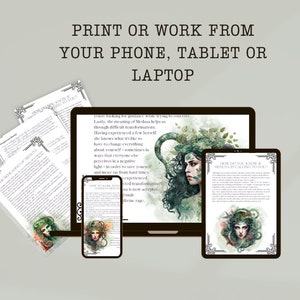 May include: A digital illustration of Medusa with green snakes for hair. The image is surrounded by a black frame and the text "How do you know if Medusa is calling to you?" is printed below the image. The image is displayed on a tablet, laptop, and phone.