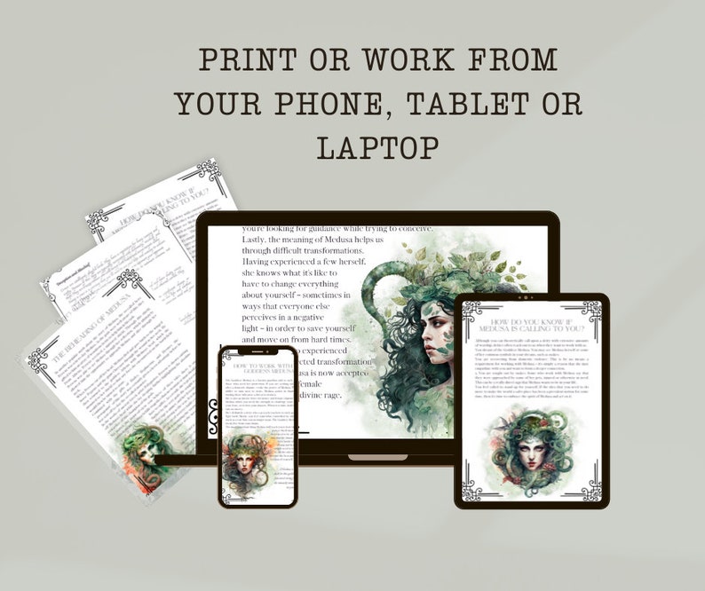 May include: A digital illustration of Medusa with green snakes for hair. The image is surrounded by a black frame and the text "How do you know if Medusa is calling to you?" is printed below the image. The image is displayed on a tablet, laptop, and phone.