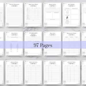 Op de afbeelding: Een printbare planner met 97 pagina's met een zwart-wit ontwerp met een maan- en sterrenmotief. De planner bevat pagina's voor het bijhouden van stemmingen, financi&euml;n, afspraken en meer.