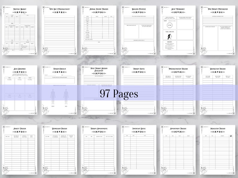 Op de afbeelding: Een printbare planner met 97 pagina's met een zwart-wit ontwerp met een maan- en sterrenmotief. De planner bevat pagina's voor het bijhouden van stemmingen, financi&euml;n, afspraken en meer.