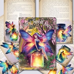 Op de afbeelding: Een fantasievolle illustratie van een feeën-spreukpot met een fee die bovenop de pot zit. De pot is gevuld met glinsterende lichtjes en de fee heeft regenboogkleurige vleugels. De achtergrond is een bos scène met bomen en bloemen. De tekst "Fairy Spell Jars" is geschreven in een decoratief lettertype.
