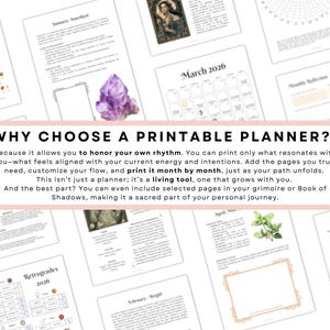 May include: A collection of printable planner pages, including a calendar, astrological charts, and text that reads "WHY CHOOSE A PRINTABLE PLANNER?" with details about customization and personal growth. A purple amethyst crystal is also visible.