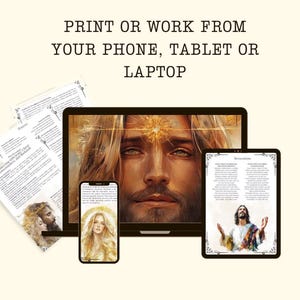 May include: A digital illustration of a man with long blonde hair and a glowing light above his head. The image is displayed on a laptop screen. A phone screen shows a similar image of a woman with long blonde hair. The text "PRINT OR WORK FROM YOUR PHONE, TABLET OR LAPTOP" is displayed at the top of the image.