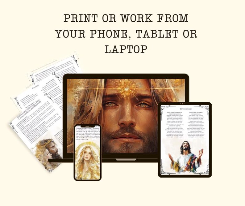 May include: A digital illustration of a man with long blonde hair and a glowing light above his head. The image is displayed on a laptop screen. A phone screen shows a similar image of a woman with long blonde hair. The text "PRINT OR WORK FROM YOUR PHONE, TABLET OR LAPTOP" is displayed at the top of the image.
