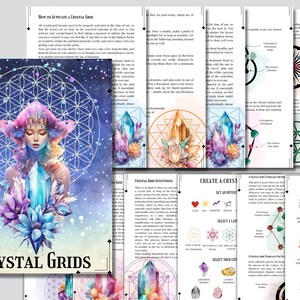 Pu&ograve; includere: Un'illustrazione ad acquerello di una griglia di cristalli con una donna al centro. La griglia &egrave; circondata da fiori e cristalli. Il testo "Crystal Grids" &egrave; scritto in un carattere decorativo nella parte inferiore dell'immagine.