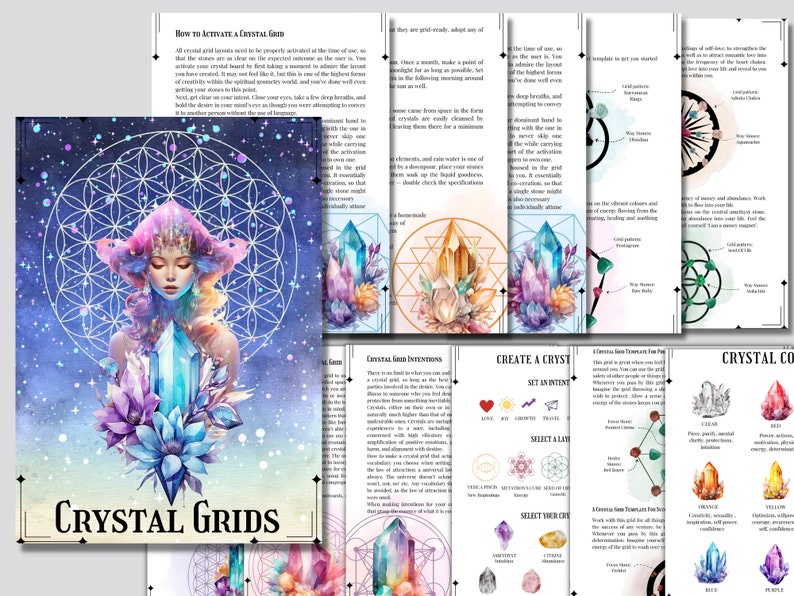 Pu&ograve; includere: Un'illustrazione ad acquerello di una griglia di cristalli con una donna al centro. La griglia &egrave; circondata da fiori e cristalli. Il testo "Crystal Grids" &egrave; scritto in un carattere decorativo nella parte inferiore dell'immagine.