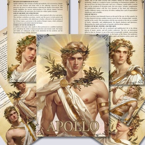 May include: A digital illustration of Apollo, the Greek god of music, poetry, and the sun. He is depicted as a young man with a laurel wreath on his head, holding a lyre in his left hand and a bow and arrow in his right hand. The background is a golden sky with clouds.