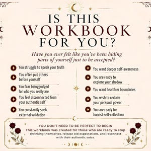 K&ouml;nnte beinhalten: Eine cremefarbene Infografik mit dem Titel IS THIS WORKBOOK FOR YOU? mit dunkelrotem Text, Aufz&auml;hlungspunkten mit Sternsymbolen und dekorativen Rosenillustrationen in den unteren Ecken. Der Text enth&auml;lt verschiedene Fragen zur Selbstreflexion.