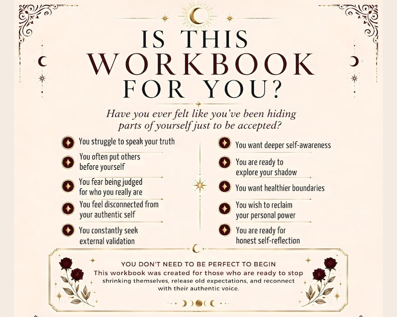 K&ouml;nnte beinhalten: Eine cremefarbene Infografik mit dem Titel IS THIS WORKBOOK FOR YOU? mit dunkelrotem Text, Aufz&auml;hlungspunkten mit Sternsymbolen und dekorativen Rosenillustrationen in den unteren Ecken. Der Text enth&auml;lt verschiedene Fragen zur Selbstreflexion.