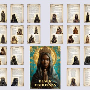 Pode incluir: Uma colagem de imagens de Madonas Negras, figuras religiosas representadas com pele escura, com texto sobre sua hist&oacute;ria e significado. A imagem central apresenta uma Madona Negra com uma coroa e um halo dourado, sobre um fundo azul e dourado. O texto na parte inferior diz "Black Madonnas".