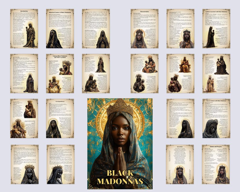 Pode incluir: Uma colagem de imagens de Madonas Negras, figuras religiosas representadas com pele escura, com texto sobre sua hist&oacute;ria e significado. A imagem central apresenta uma Madona Negra com uma coroa e um halo dourado, sobre um fundo azul e dourado. O texto na parte inferior diz "Black Madonnas".