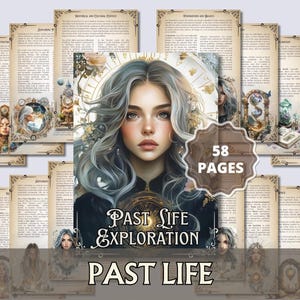 Może przedstawiać: Cyfrowy wydruk artystyczny zatytułowany "Past Life Exploration" przedstawiający kobietę z siwymi włosami. Obraz otoczony jest stronami tekstu i ilustracjami, z tekstem "58 Pages" na pierwszym planie. Ogólna estetyka jest vintage i mistyczna.